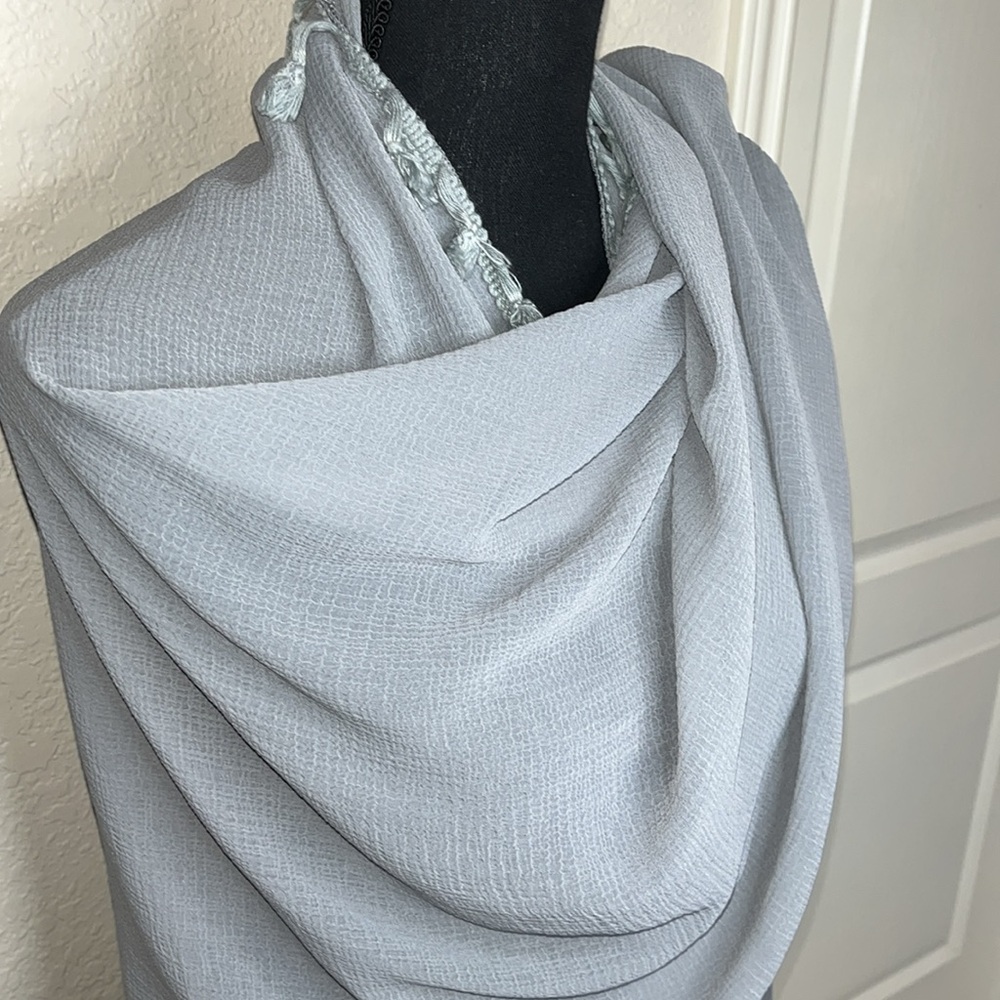 Sheer gray wrap/scarf with tassels.Length 63” width 25” elegant accessory.